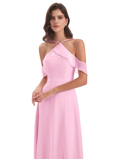 Lillian Sheath Off The Shoulder Chiffon Long Bridesmaid Dresses