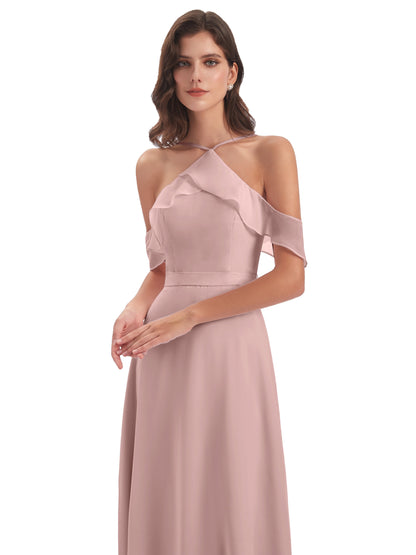 Lillian Sheath Off The Shoulder Chiffon Long Bridesmaid Dresses