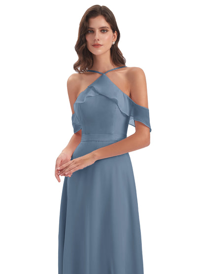 Lillian Sheath Off The Shoulder Chiffon Long Bridesmaid Dresses