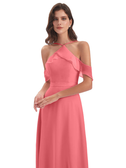 Lillian Sheath Off The Shoulder Chiffon Long Bridesmaid Dresses