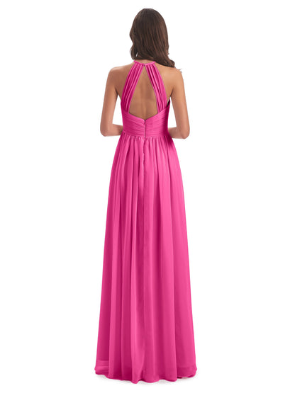 Mackenzie Halter Keyhole Lace Long Bridesmaid Dresses