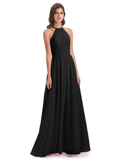 Mackenzie Halter Keyhole Lace Long Bridesmaid Dresses