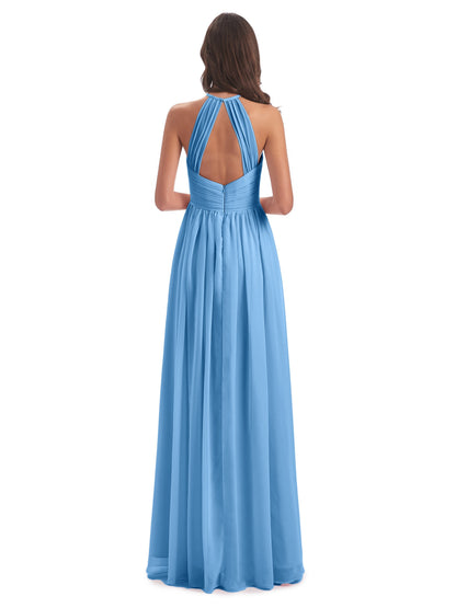 Mackenzie Halter Keyhole Lace Long Bridesmaid Dresses