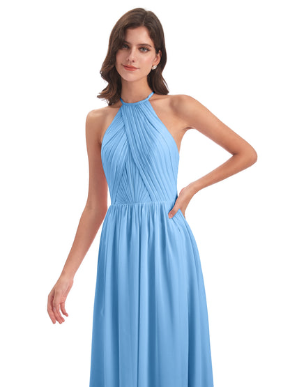 Mackenzie Halter Keyhole Lace Long Bridesmaid Dresses