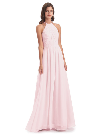 Mackenzie Halter Keyhole Lace Long Bridesmaid Dresses
