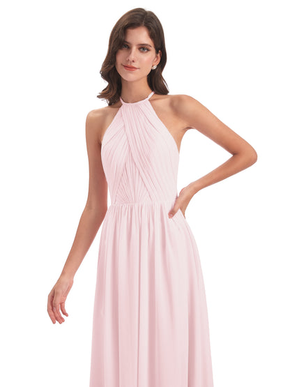 Mackenzie Halter Keyhole Lace Long Bridesmaid Dresses