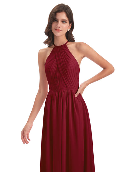 Mackenzie Halter Keyhole Lace Long Bridesmaid Dresses