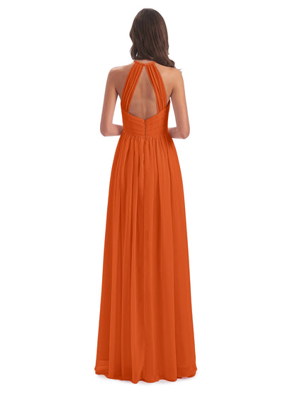 Mackenzie Halter Keyhole Lace Long Bridesmaid Dresses