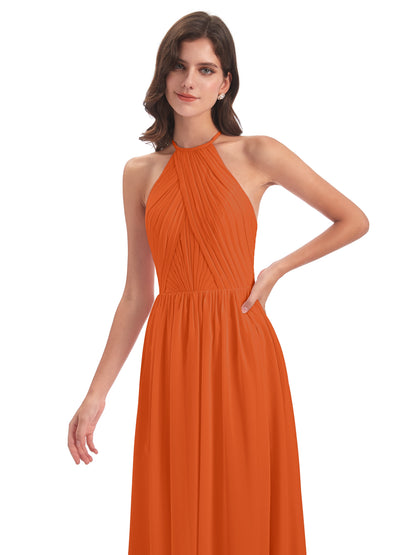 Mackenzie Halter Keyhole Lace Long Bridesmaid Dresses