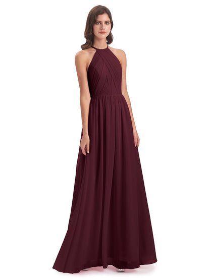 Mackenzie Halter Keyhole Lace Long Bridesmaid Dresses