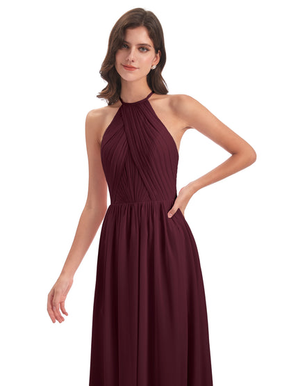 Mackenzie Halter Keyhole Lace Long Bridesmaid Dresses