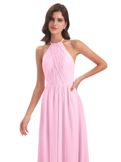 Mackenzie Halter Keyhole Lace Long Bridesmaid Dresses