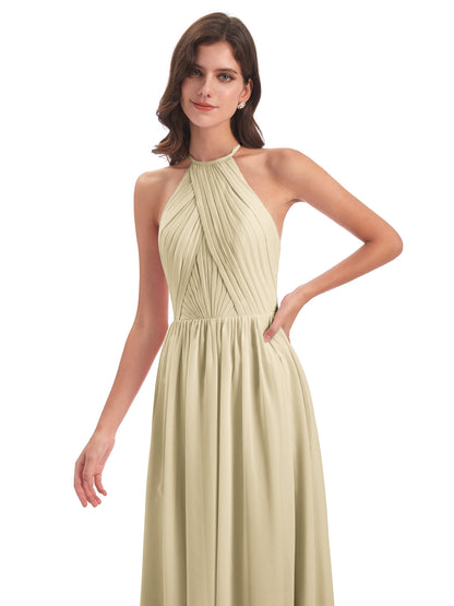 Mackenzie Halter Keyhole Lace Long Bridesmaid Dresses
