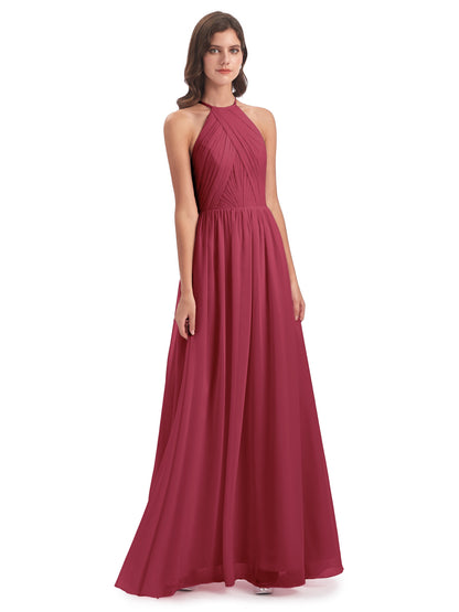 Mackenzie Halter Keyhole Lace Long Bridesmaid Dresses