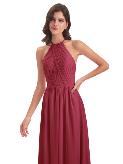 Mackenzie Halter Keyhole Lace Long Bridesmaid Dresses