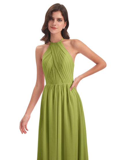Mackenzie Halter Keyhole Lace Long Bridesmaid Dresses