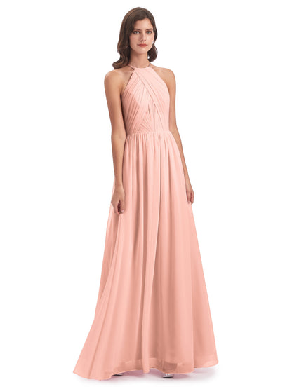 Mackenzie Halter Keyhole Lace Long Bridesmaid Dresses