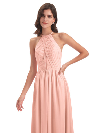 Mackenzie Halter Keyhole Lace Long Bridesmaid Dresses