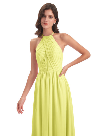Mackenzie Halter Keyhole Lace Long Bridesmaid Dresses