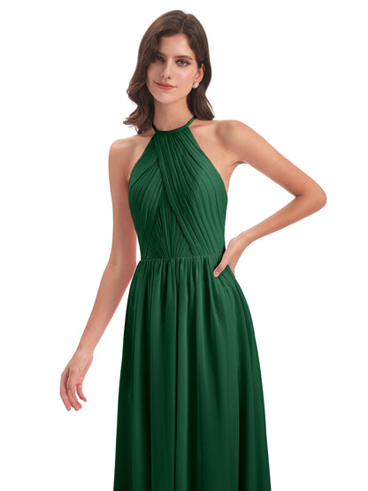 Mackenzie Halter Keyhole Lace Long Bridesmaid Dresses