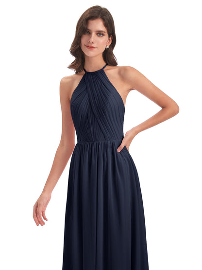 Mackenzie Halter Keyhole Lace Long Bridesmaid Dresses
