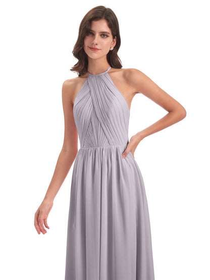 Mackenzie Halter Keyhole Lace Long Bridesmaid Dresses