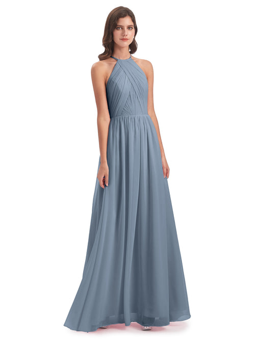 Mackenzie Halter Keyhole Lace Long Bridesmaid Dresses