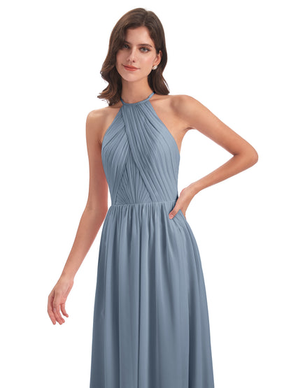 Mackenzie Halter Keyhole Lace Long Bridesmaid Dresses