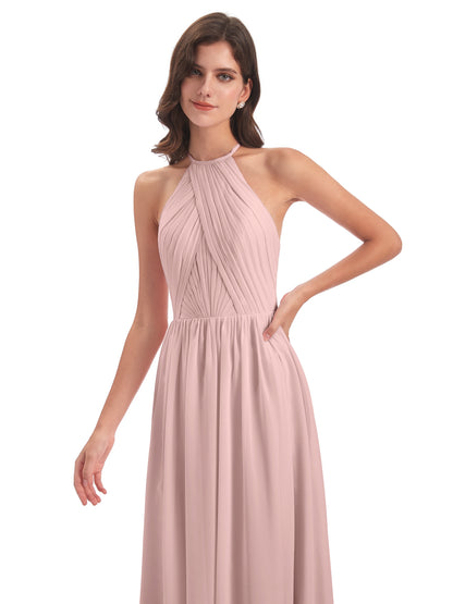 Mackenzie Halter Keyhole Lace Long Bridesmaid Dresses