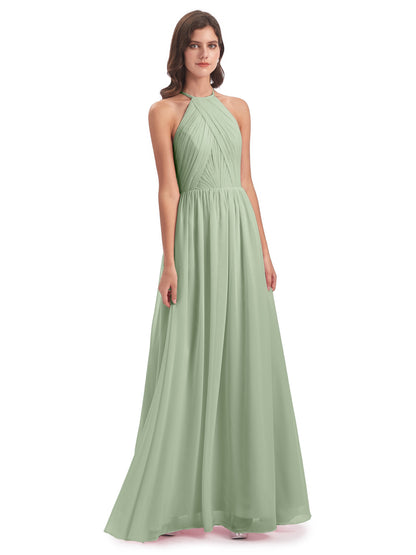 Mackenzie Halter Keyhole Lace Long Bridesmaid Dresses