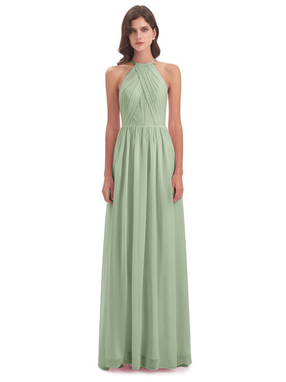 Mackenzie Halter Keyhole Lace Long Bridesmaid Dresses