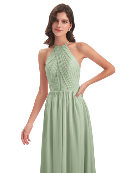 Mackenzie Halter Keyhole Lace Long Bridesmaid Dresses