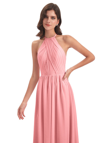 Mackenzie Halter Keyhole Lace Long Bridesmaid Dresses