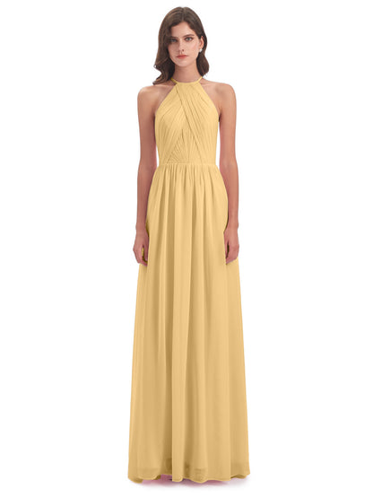 Mackenzie Halter Keyhole Lace Long Bridesmaid Dresses