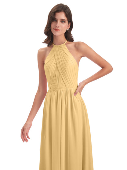 Mackenzie Halter Keyhole Lace Long Bridesmaid Dresses