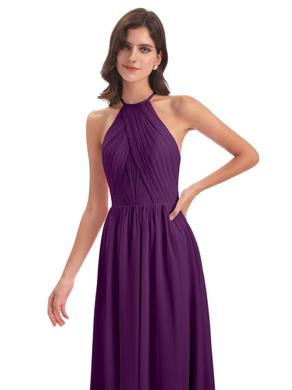 Mackenzie Halter Keyhole Lace Long Bridesmaid Dresses