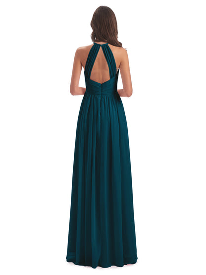 Mackenzie Halter Keyhole Lace Long Bridesmaid Dresses