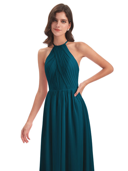 Mackenzie Halter Keyhole Lace Long Bridesmaid Dresses