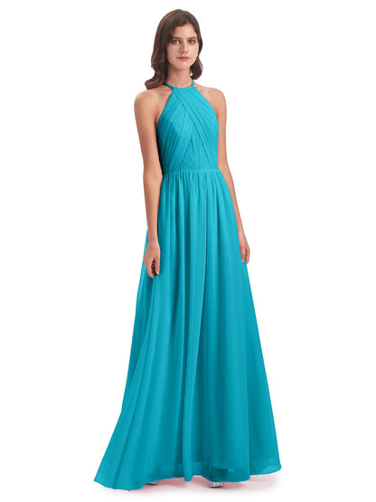 Mackenzie Halter Keyhole Lace Long Bridesmaid Dresses