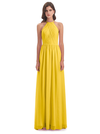 Mackenzie Halter Keyhole Lace Long Bridesmaid Dresses