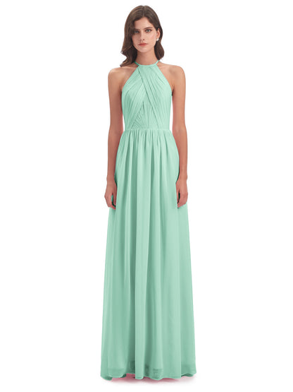 Mackenzie Halter Keyhole Lace Long Bridesmaid Dresses