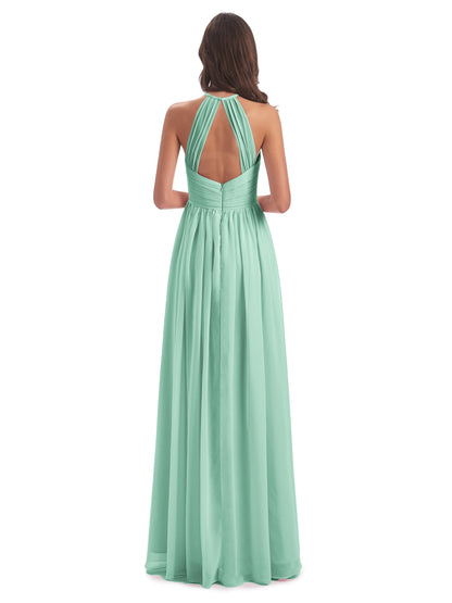 Mackenzie Halter Keyhole Lace Long Bridesmaid Dresses