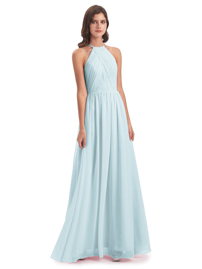 Mackenzie Halter Keyhole Lace Long Bridesmaid Dresses