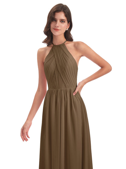 Mackenzie Halter Keyhole Lace Long Bridesmaid Dresses