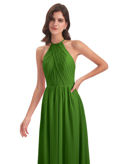 Mackenzie Halter Keyhole Lace Long Bridesmaid Dresses