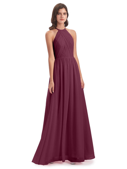 Mackenzie Halter Keyhole Lace Long Bridesmaid Dresses