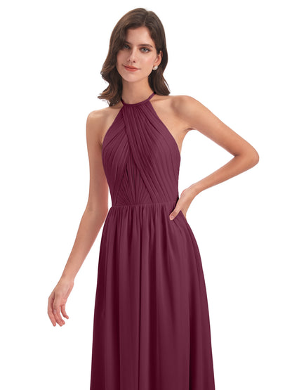Mackenzie Halter Keyhole Lace Long Bridesmaid Dresses