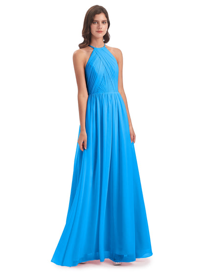Mackenzie Halter Keyhole Lace Long Bridesmaid Dresses