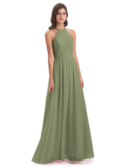 Mackenzie Halter Keyhole Lace Long Bridesmaid Dresses