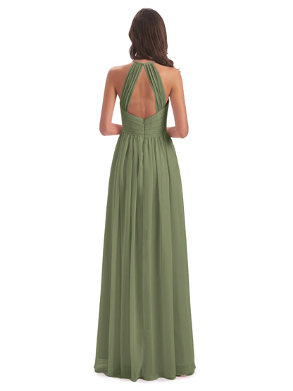 Mackenzie Halter Keyhole Lace Long Bridesmaid Dresses